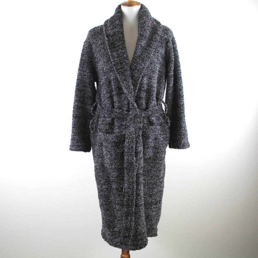 Barefoot Dreams CozyChic Grey Black Marled Belted Fuzzy Bathrobe Sz.1 small